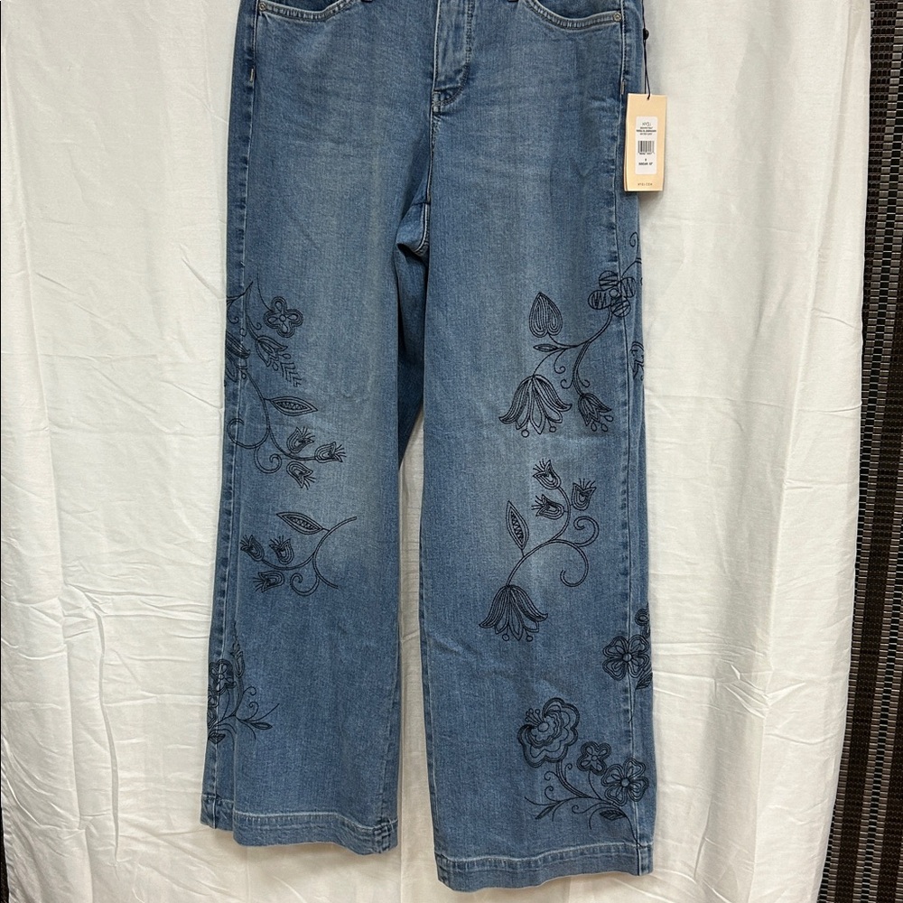 NYDJ Teresa Blue Floral Embroidered Wide Leg Jeans - Picture 8 of 11
